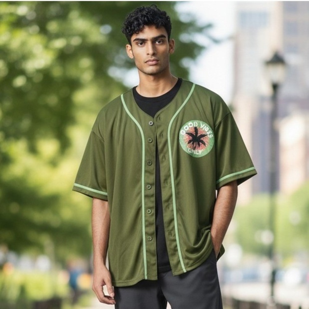 East West Good Vibes Only Mens 2XL Green Button Palm Tree Graphic Mesh